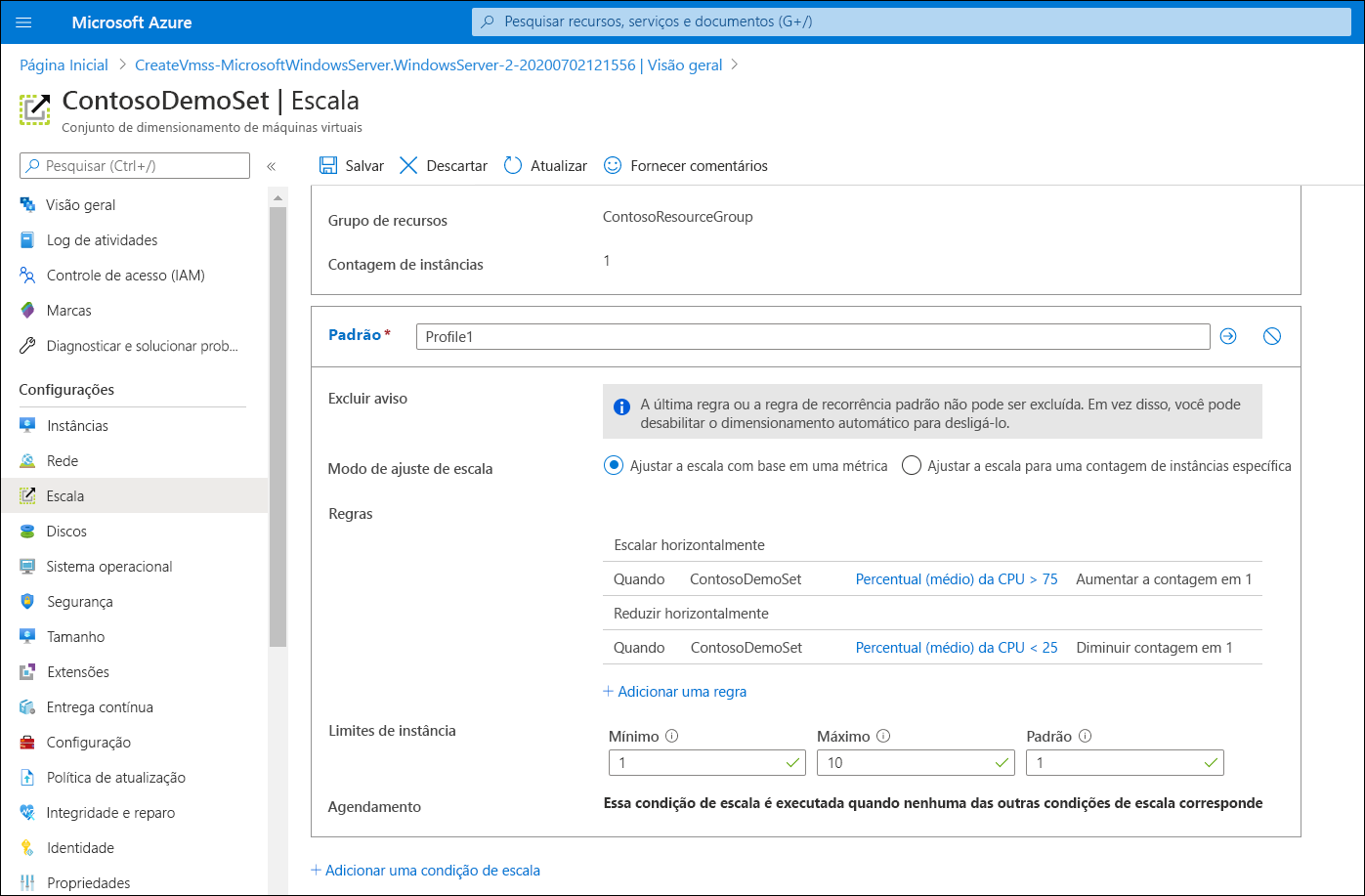 Uma captura de tela da guia Escala para o conjunto de dimensionamento de máquinas virtuais selecionado. O administrador está definindo uma escala com base em uma métrica, e são exibidas regras que indicam quando a ação de escala deve ser executada.