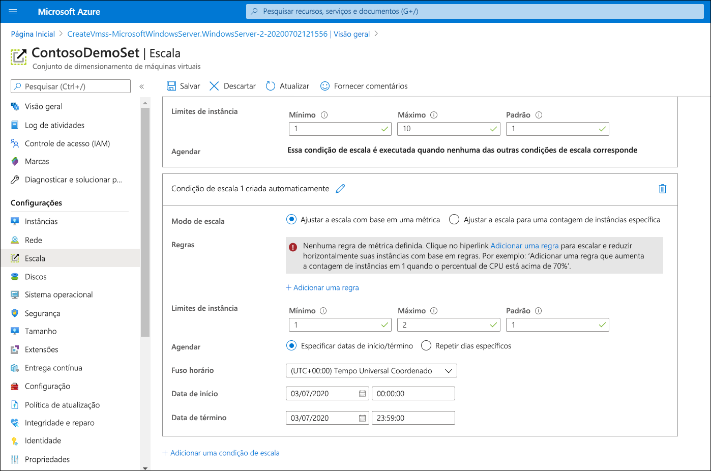 Uma captura de tela da guia Escala para o conjunto de dimensionamento de máquinas virtuais selecionado. O administrador está definindo uma escala de acordo com um agendamento.