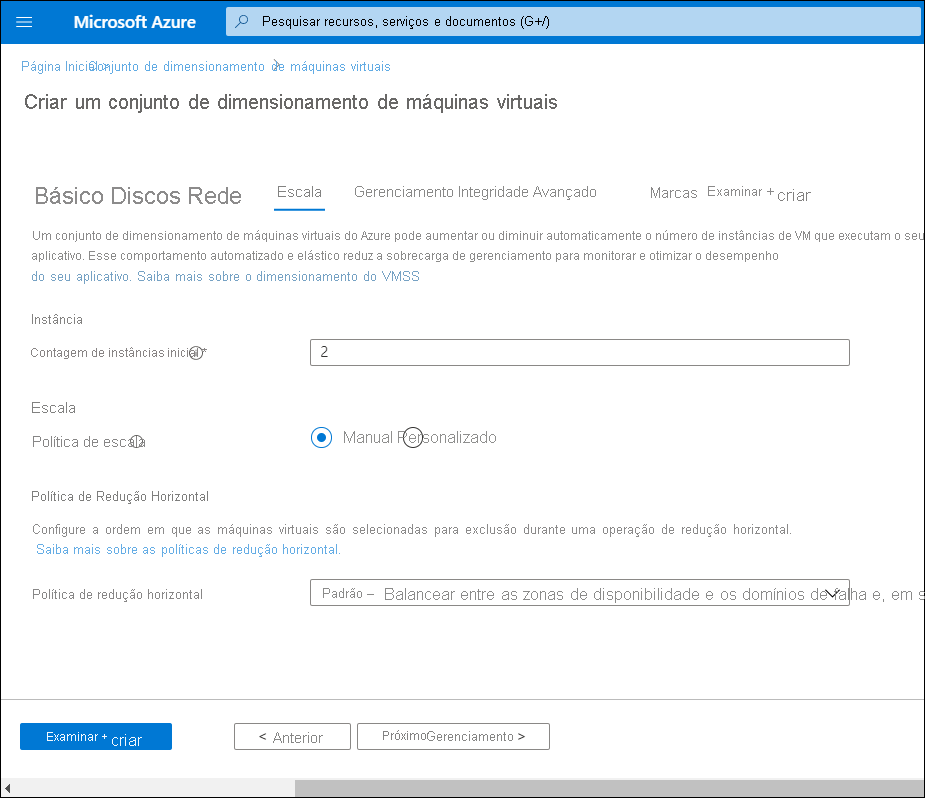 Uma captura de tela da folha Criar um conjunto de dimensionamento de máquinas virtuais. O administrador selecionou todas as configurações padrão na guia Escala.