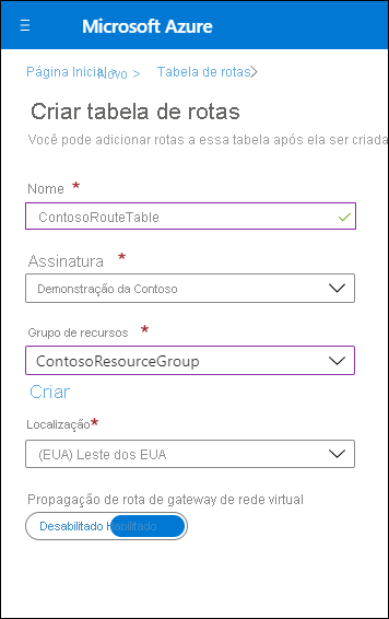 Uma captura de tela da página “Criar tabela de rotas” no portal do Azure. O administrador definiu o nome como ContosoRouteTable e selecionou “Habilitado” para o valor de propagação da rota do gateway de rede virtual.