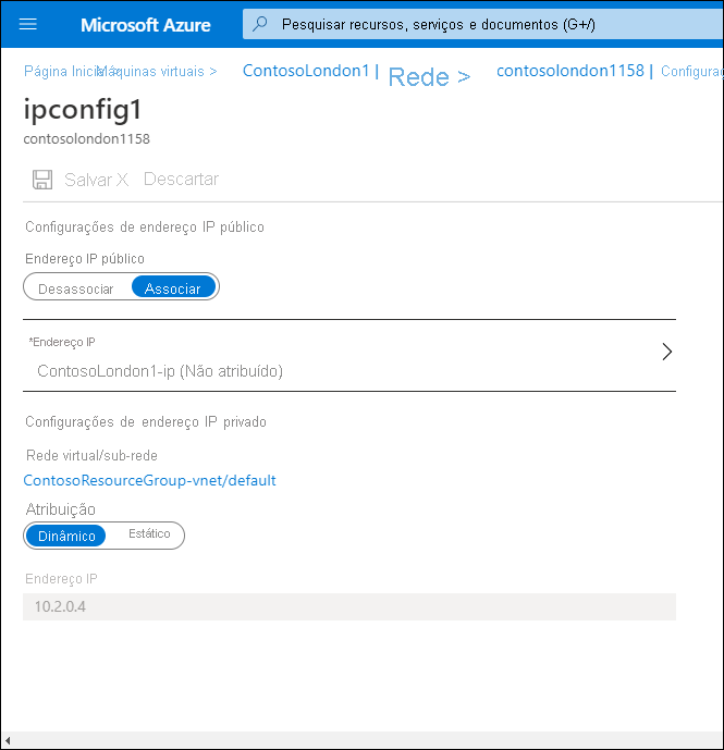 Captura de tela da página ipconfig1 do portal do Azure para um adaptador de rede do Azure selecionado. Nas configurações de endereço IP público, o endereço IP público está definido como Associado e, nas configurações de endereço IP privado, a Atribuição está definida como Dinâmica.