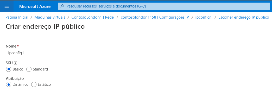 Captura de tela da página Criar endereço IP público para ipconfig1. O SKU é Básico e a Atribuição é Dinâmica. 