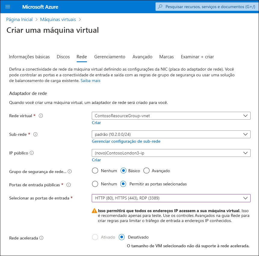 Captura de tela da página Criar uma máquina virtual no portal do Azure. O administrador aceitou as configurações padrão para essa VM no ContosoResourceGroup. O dispositivo está anexado à ContosoResourceGroup-vnet e atribuído a uma sub-rede IPv4 privada. A VM também tem um endereço IPv4 público padrão.