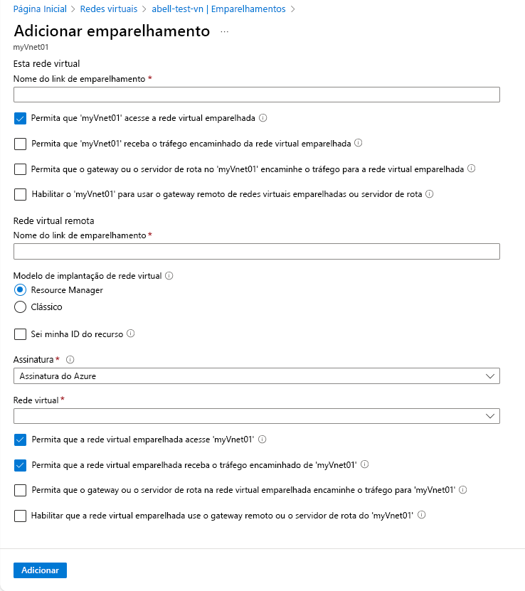 Captura de tela da página de configuração de emparelhamento de rede virtual.