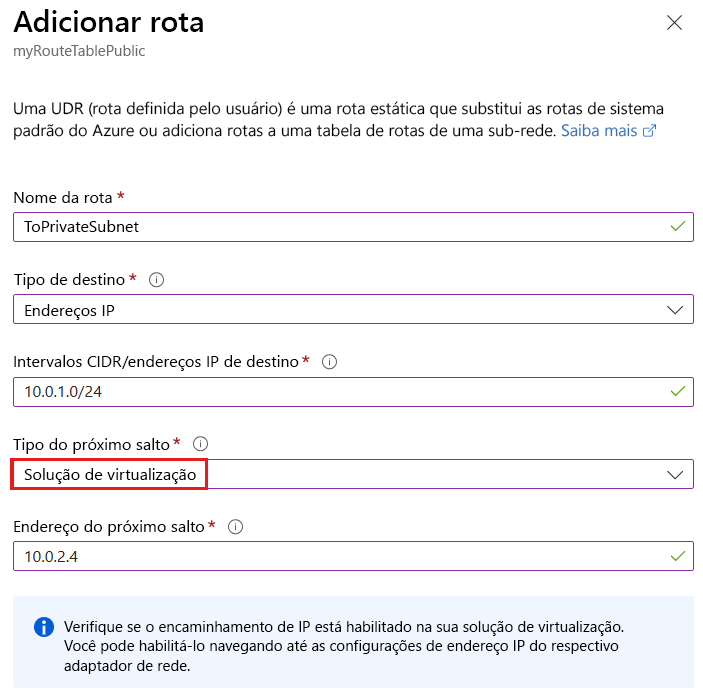 Captura de tela da página Adicionar rota. A lista suspensa Tipo de próximo salto está realçada. Solução de virtualização está selecionado.