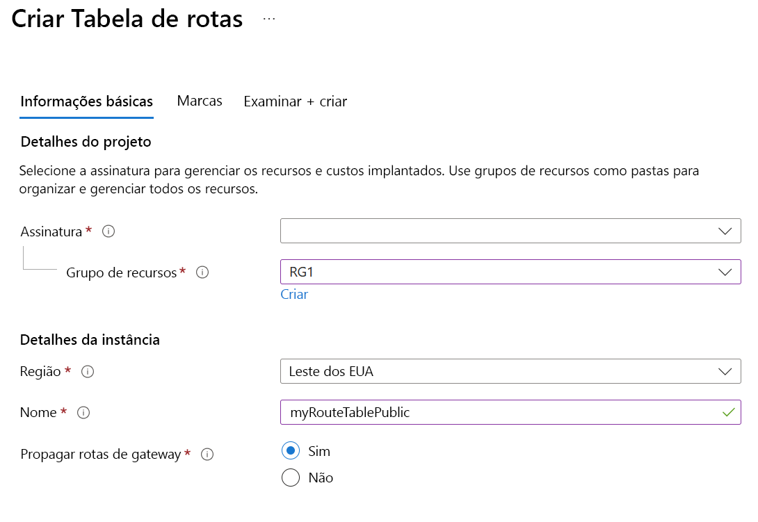 Captura de tela da folha Criar tabela de rotas no portal do Azure.