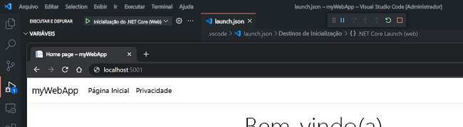 Captura de tela do aplicativo Web do Visual Studio Code.