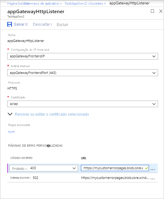 Captura de tela da configuração de ouvinte do Gateway de Aplicativo.