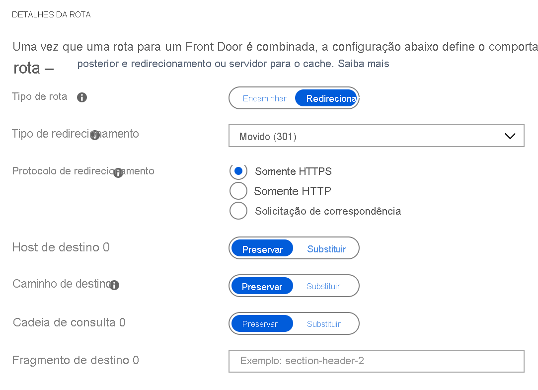 Captura de tela de detalhes da rota no portal do Azure.