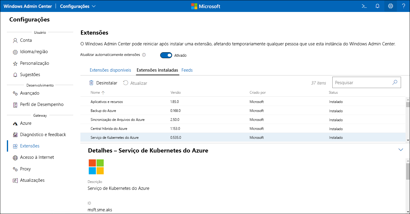 A captura de tela retrata a extensão do AKS instalada no Windows Admin Center.