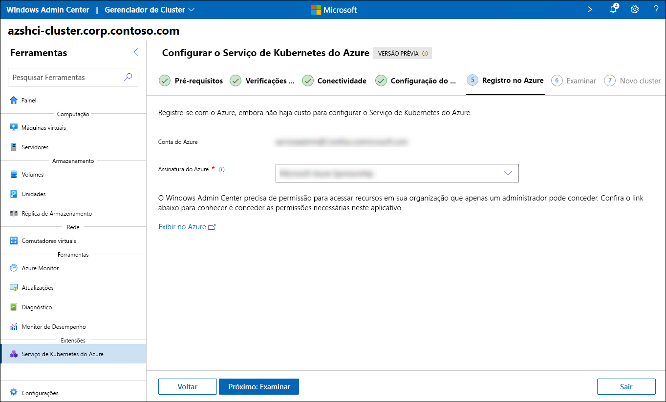 A captura de tela retrata a etapa Registro do Azure do assistente Configurar o Serviço de Kubernetes do Azure Kubernetes no Windows Admin Center.