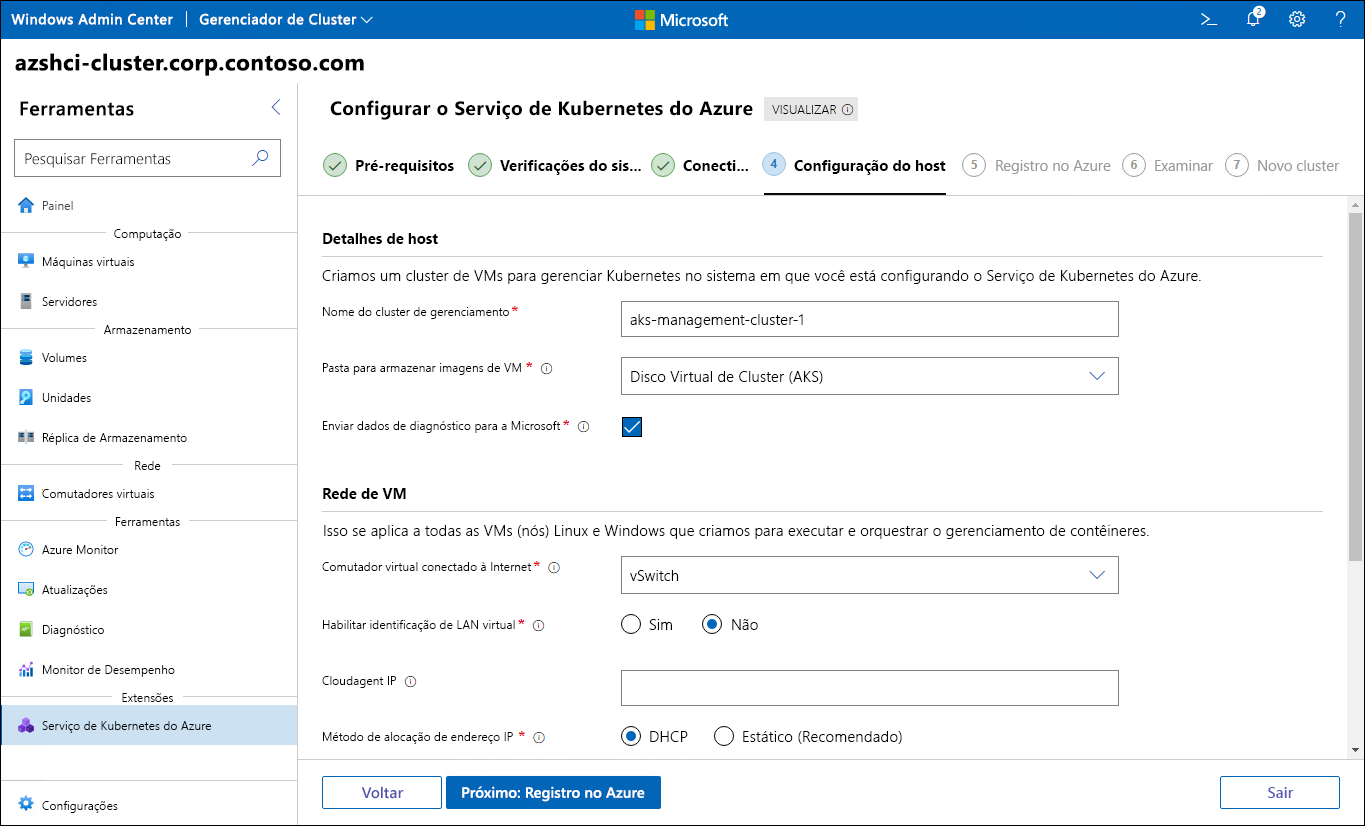 A captura de tela retrata a etapa Configuração de host do assistente Configurar o Serviço de Kubernetes do Azure Kubernetes no Windows Admin Center.