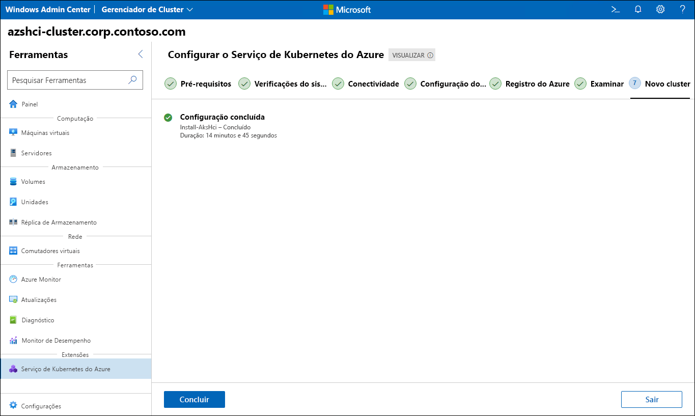 A captura de tela retrata a etapa Novo cluster do assistente Configurar o Serviço de Kubernetes do Azure no Windows Admin Center.