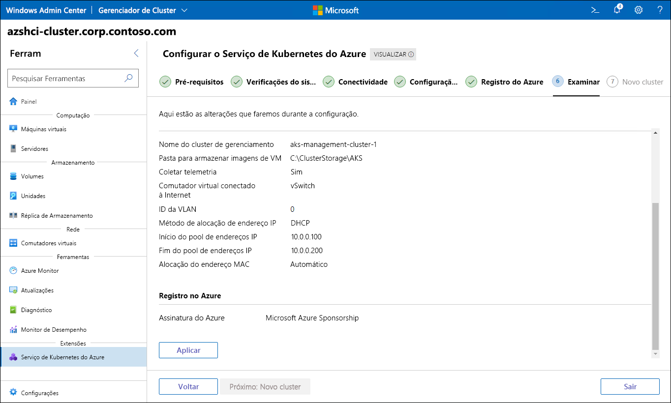 A captura de tela retrata a etapa Examinar do assistente Configurar o Serviço de Kubernetes do Azure Kubernetes no Windows Admin Center.