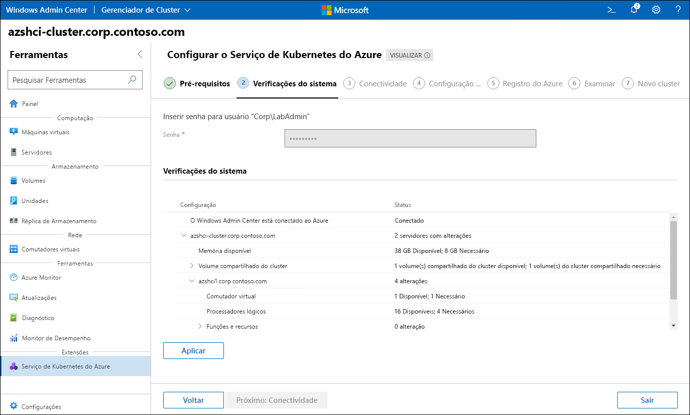 A captura de tela retrata a etapa Verificações de sistema do assistente Configurar o Serviço de Kubernetes do Azure Kubernetes no Windows Admin Center.