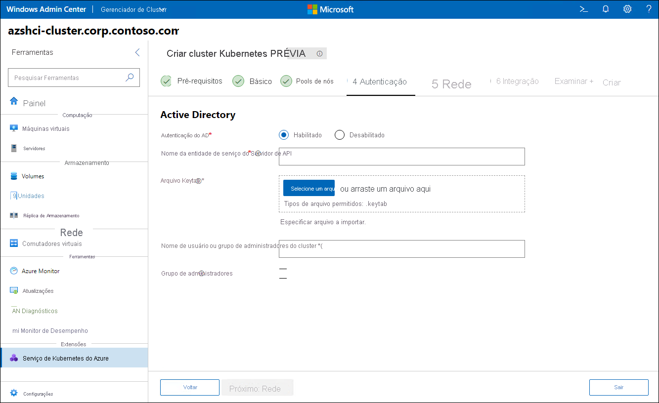 A captura de tela retrata a etapa Autenticação do assistente Criar cluster do Kubernetes no Windows Admin Center.