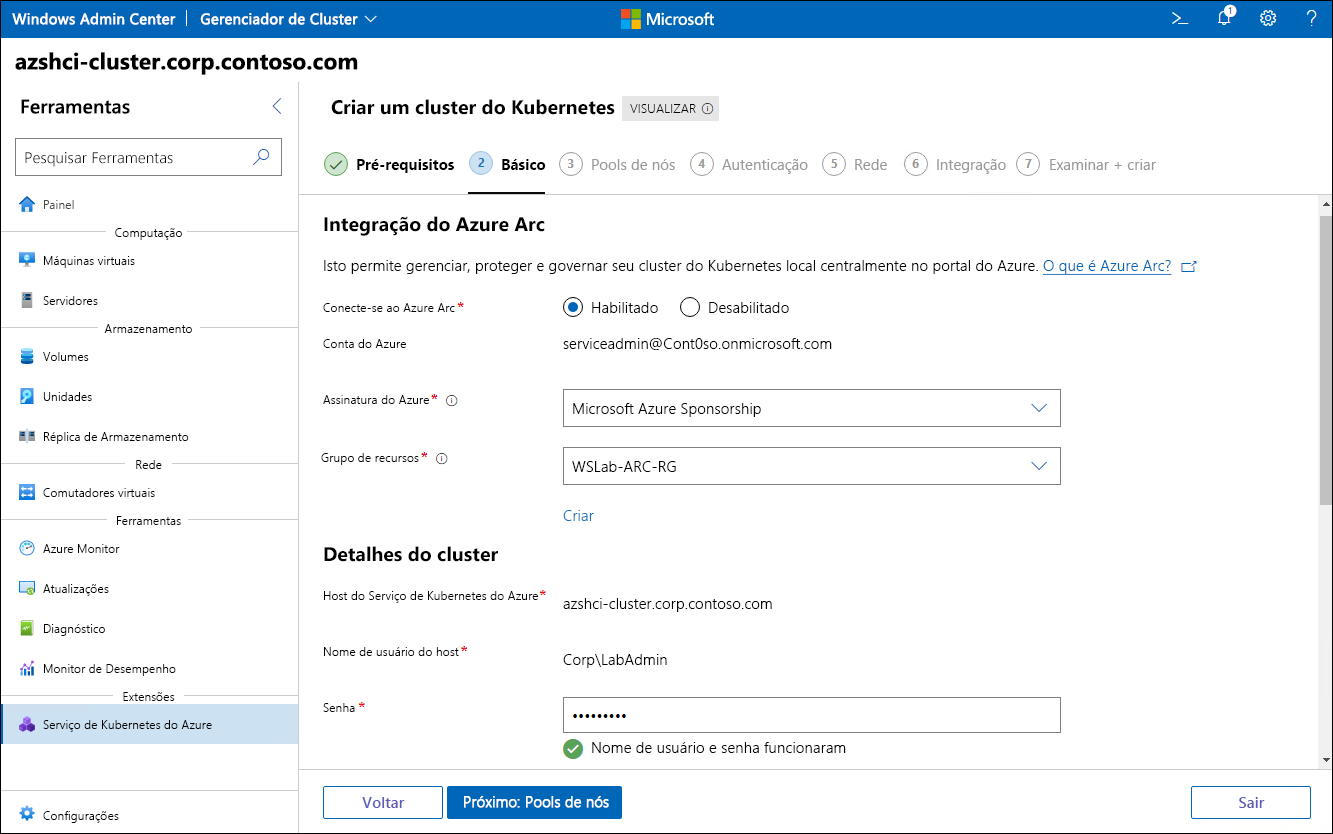 A captura de tela retrata as configurações de integração do Azure Arc da etapa Noções básicas do assistente Criar cluster do Kubernetes no Windows Admin Center.