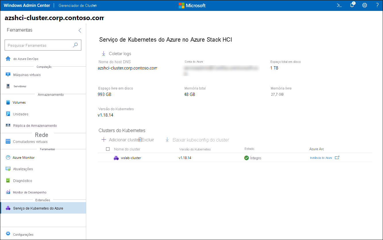 A captura de tela retrata a etapa Novo cluster do assistente Criar cluster do Kubernetes no Windows Admin Center.