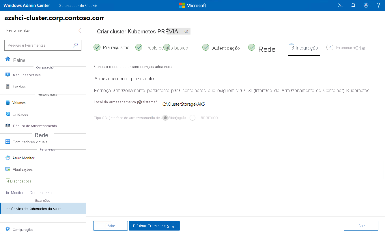 A captura de tela retrata a etapa Integração do assistente Criar cluster do Kubernetes no Windows Admin Center.