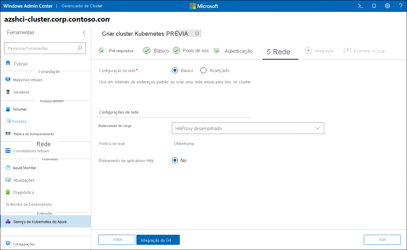 A captura de tela retrata a etapa Rede do assistente Criar cluster do Kubernetes no Windows Admin Center.