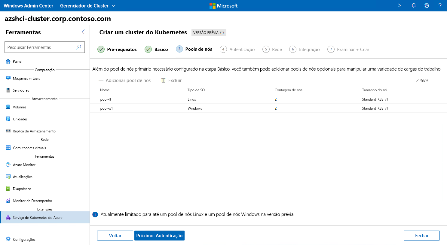 A captura de tela retrata a etapa Pools de nós do assistente Criar cluster do Kubernetes no Windows Admin Center.