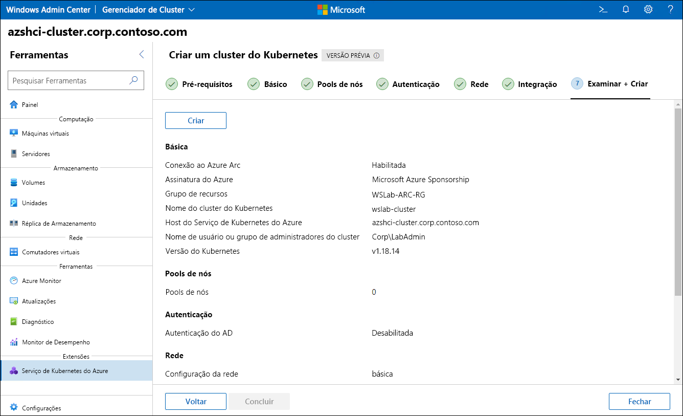 A captura de tela retrata a etapa Examinar + criar do assistente Criar cluster do Kubernetes no Windows Admin Center.