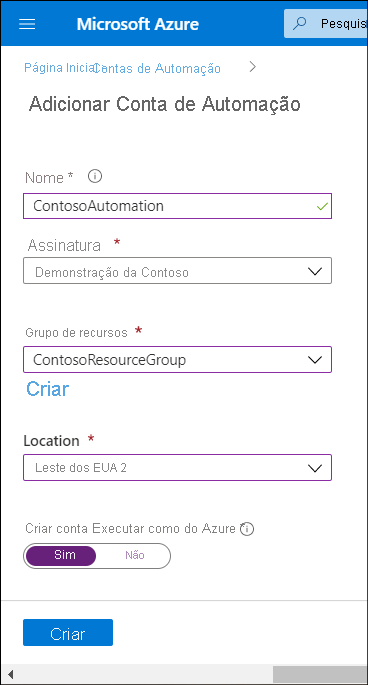 Uma captura de tela do portal do Azure. O administrador está adicionando uma conta da Automação do Azure. O nome é ContosoAutomation no ContosoResourceGroup e a localização é Leste dos EUA.