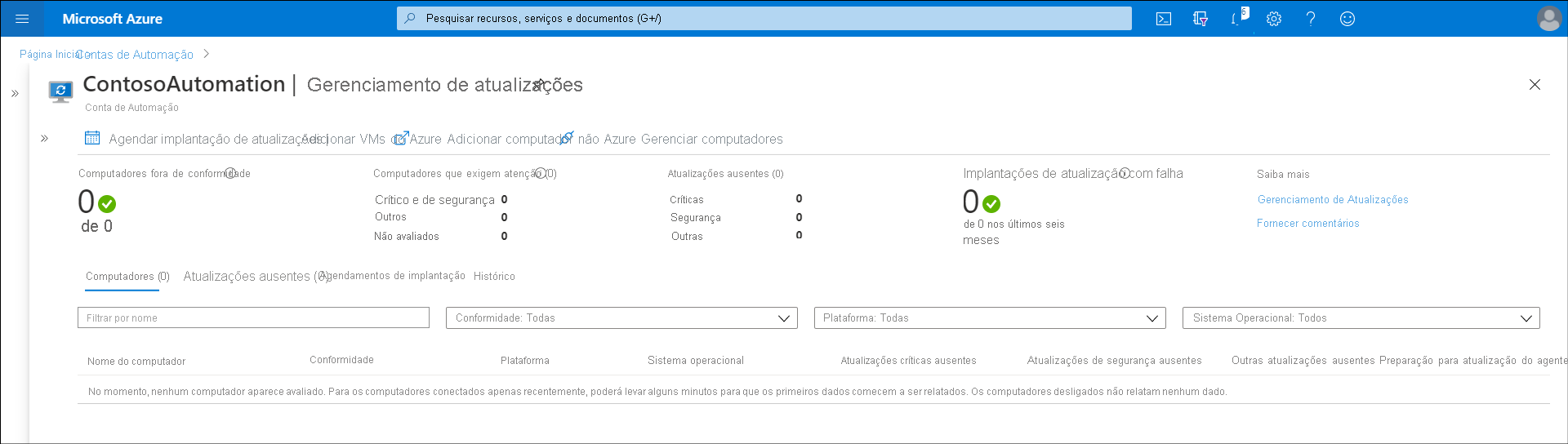 Uma captura de tela da folha Gerenciamento de atualizações do portal do Azure. O administrador habilitou o Gerenciamento de atualizações, mas nenhum servidor foi integrado ainda.