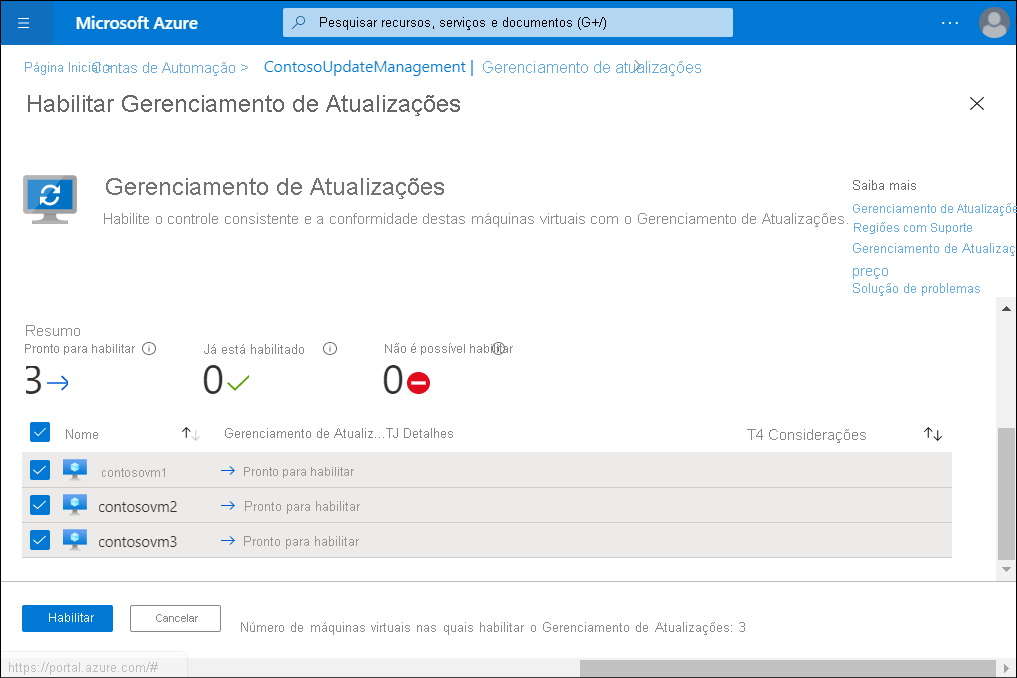 Uma captura de tela exibe a folha Habilitar Gerenciamento de Atualizações do portal do Azure. O administrador selecionou três VMs para integração.