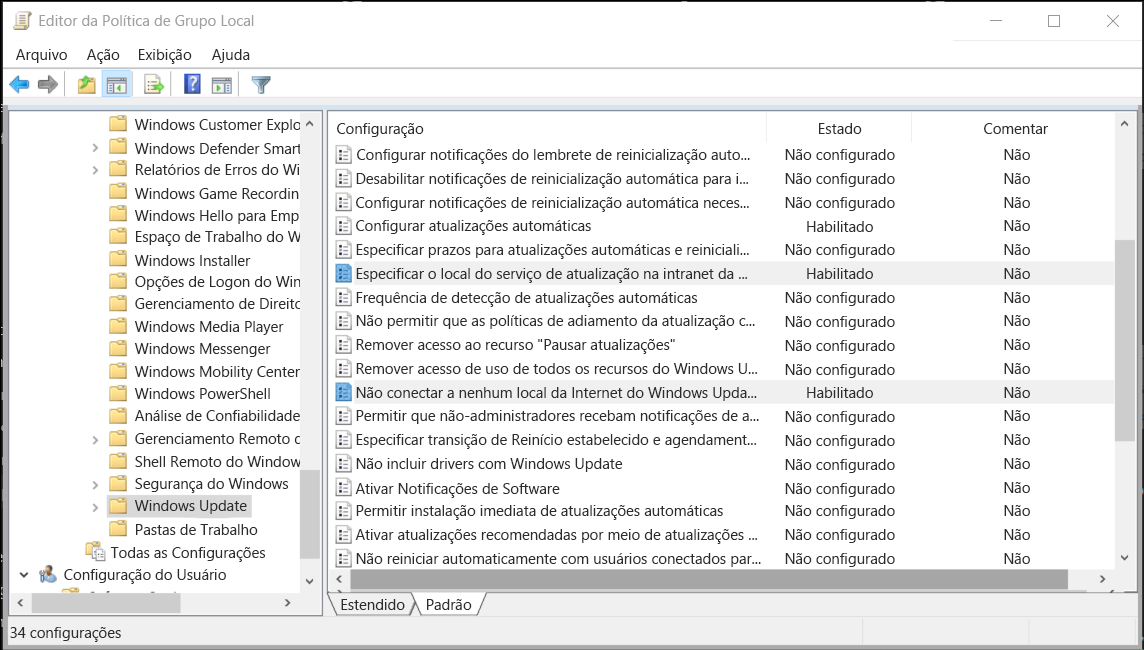 Uma captura de tela do Editor de Política de Grupo no Windows. O administrador navegou até a pasta do Windows Update e configurou os valores “Configurar atualizações automáticas”, “Especificar o local do serviço Microsoft Update na intranet” e “Não se conectar a nenhuma localização do Windows Update na Internet”.