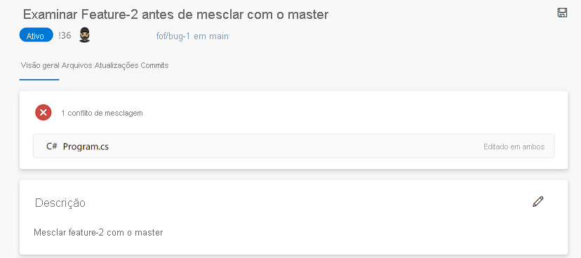 Captura de tela de conflitos de mesclagem de uma solicitação de pull.