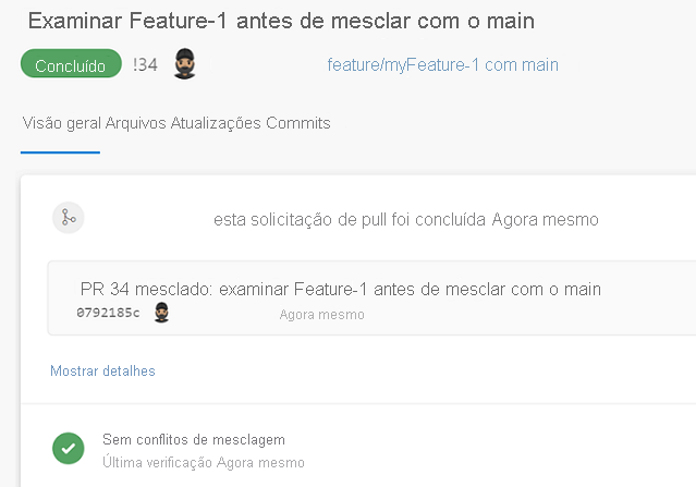 Captura de tela da solicitação de pull com alterações de código aprovadas e concluídas.