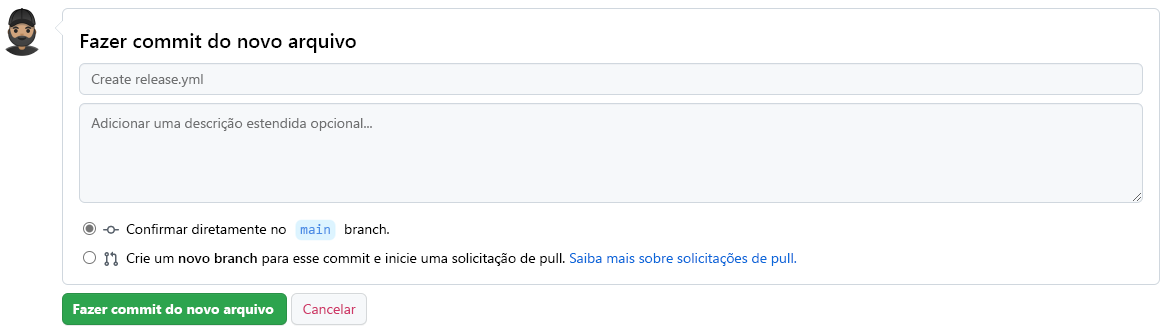 Captura de tela de como fazer commit de um novo arquivo no GitHub.