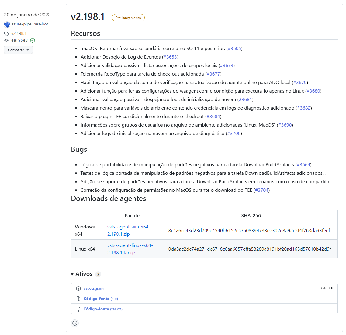 Captura de tela das notas sobre a versão do GitHub.