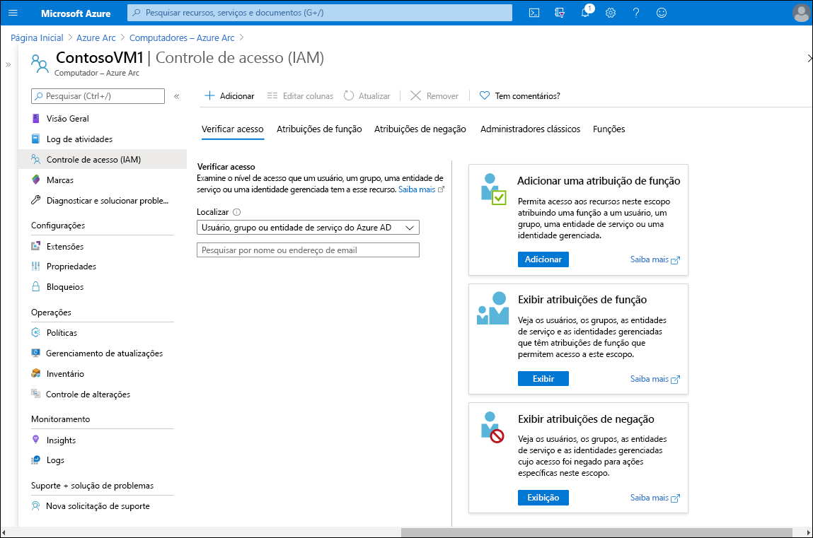 Captura de tela da página de controle de acesso (IAM) no portal do Azure para a VM selecionada: ContosoVM1. O painel de detalhes tem várias guias: Verificar acesso (selecionado), Atribuições de função, Negar atribuições, Administradores clássicos e Funções.