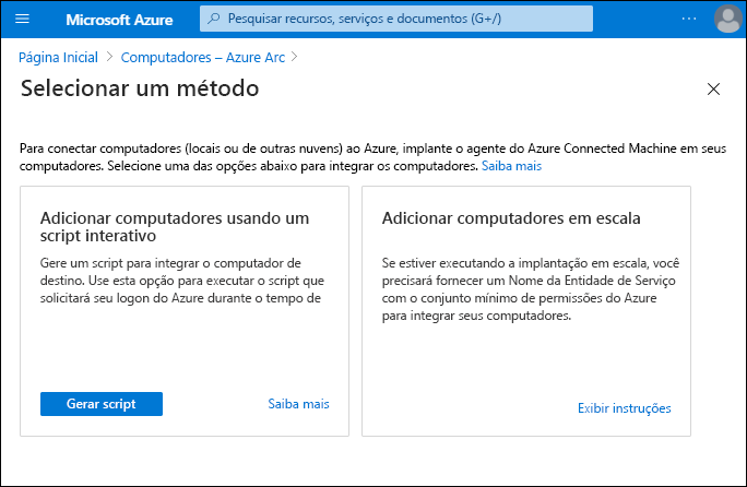 A captura de tela da página Selecionar um método do nó Computadores do Azure Arc. Duas opções estão disponíveis: Adicionar computadores usando um script interativo e Adicionar computadores em escala.