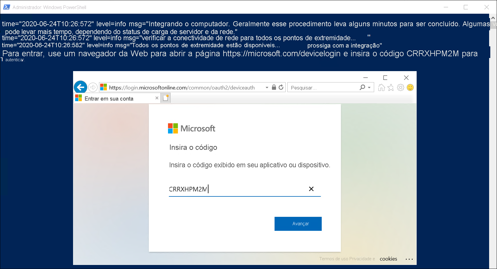 Uma captura de tela da janela Administrador: janela do Windows PowerShell com o script de instalação em execução. O administrador está inserindo um código de segurança para confirmar sua intenção de integrar o computador.