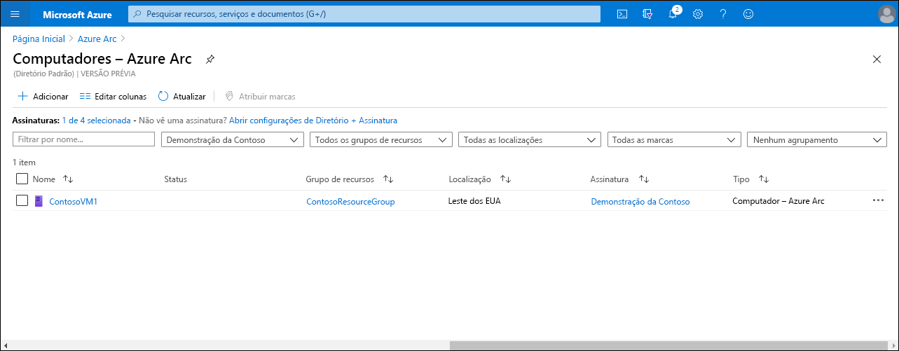 Uma captura de tela da página Computadores – Azure Arc no portal do Azure. Um único computador, ContosoVM1, está listado.