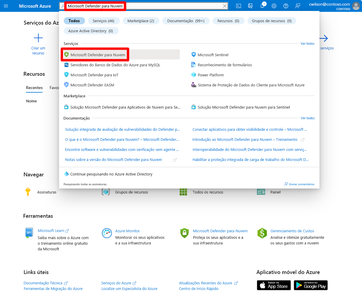 Captura de tela do portal do Azure com o Microsoft Defender para Nuvem selecionado.