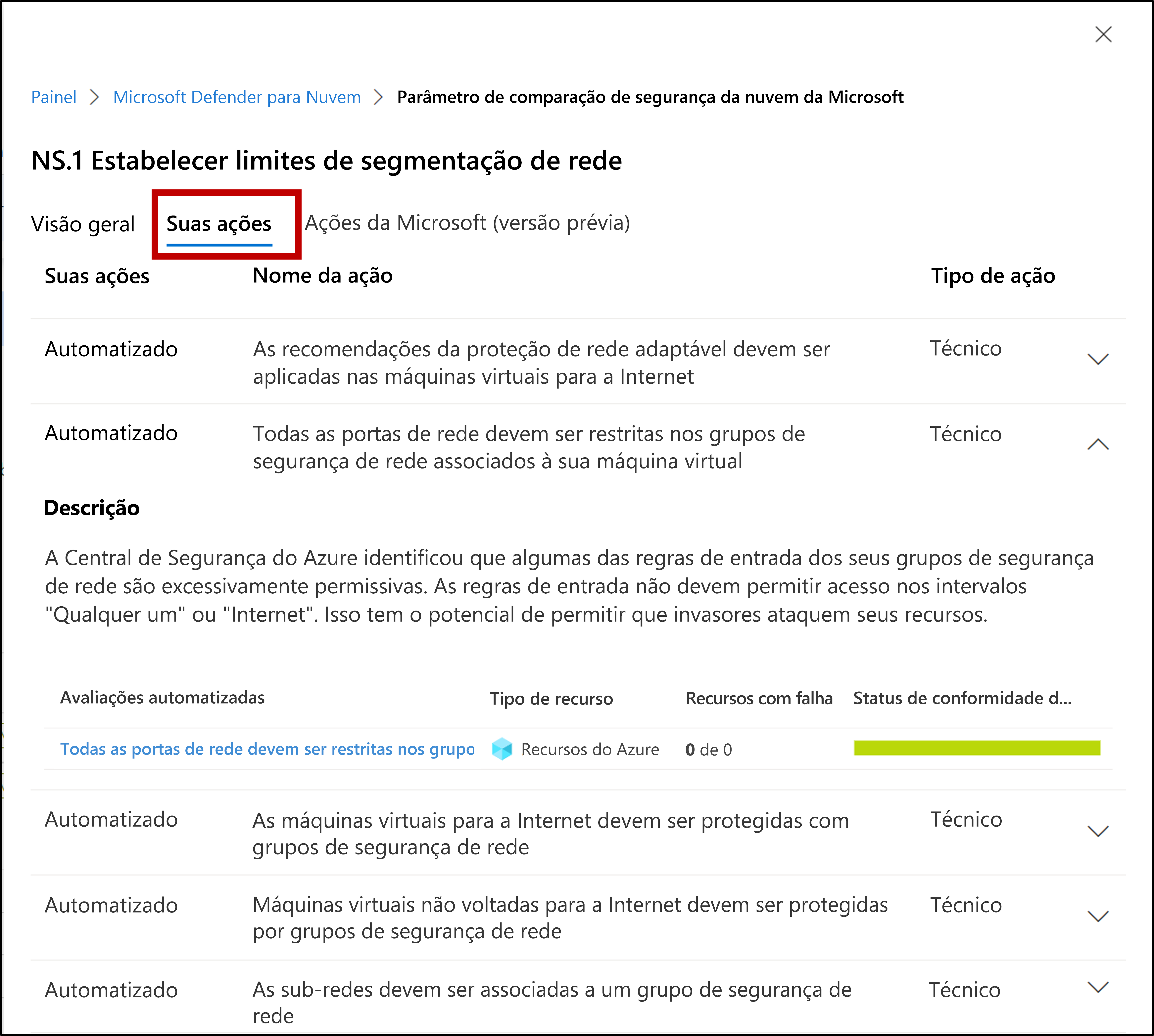 Captura de tela mostrando como exibir mais detalhes e resolver a recomendação de um recurso.