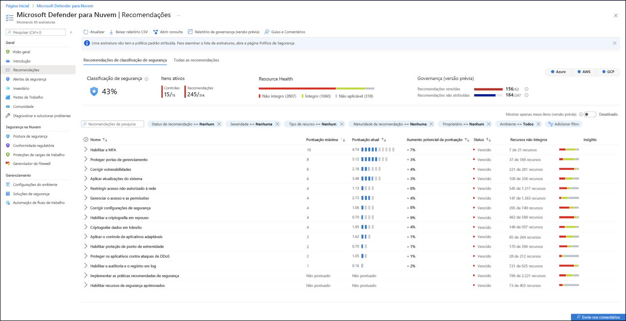 Captura de tela mostrando a página de recomendações do Microsoft Defender para Nuvem.