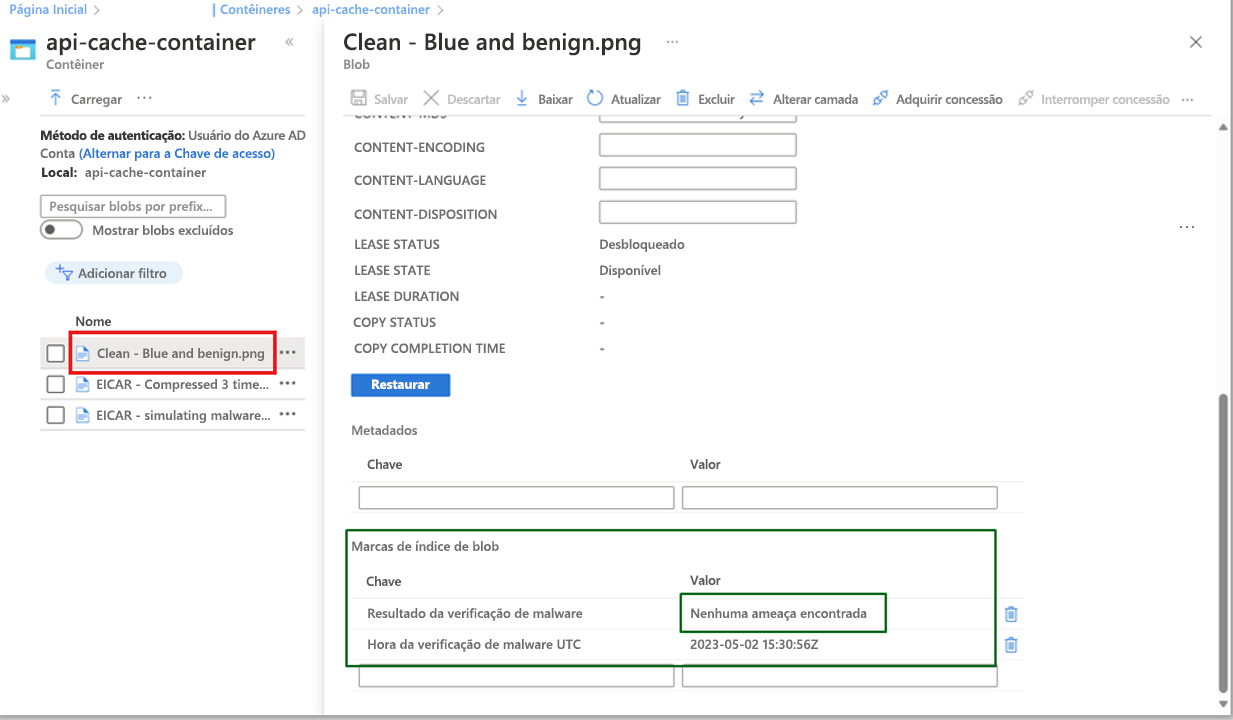 Captura de tela mostrando os resultados da verificação de malware e o Tempo Universal Coordenado da verificação de malware nos metadados do blob.