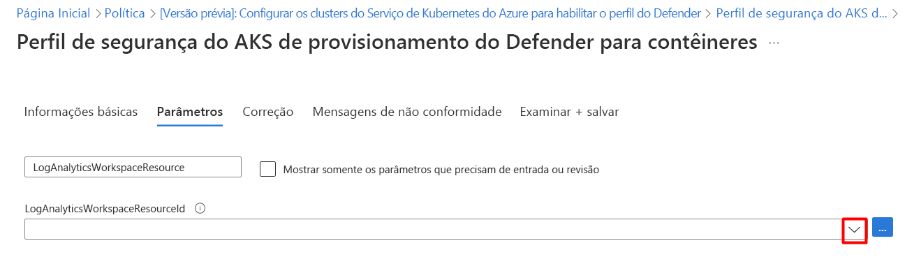 Captura de tela mostrando como selecionar uma ID de Recurso do Workspace do Log Analytics.