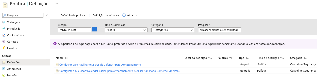 Captura de tela mostrando como configurar e habilitar o Microsoft Defender para Armazenamento.