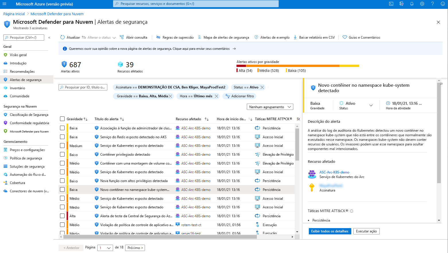 Captura de tela mostrando a página de alertas de segurança do Microsoft Defender para Nuvem.