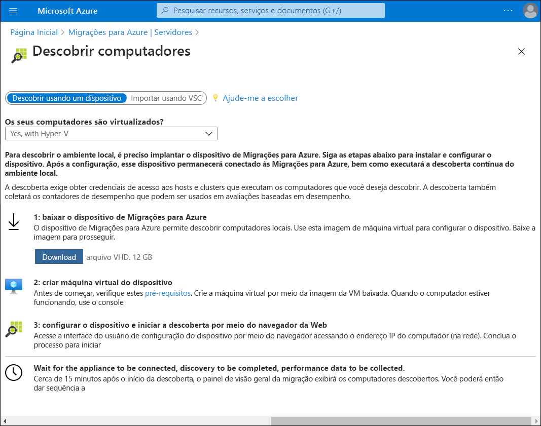 Uma captura de tela da folha Descobrir computadores nas Migrações para Azure. No prompt 