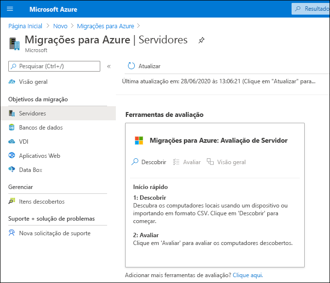 Uma captura de tela do portal do Azure. O administrador adicionou as Migrações para Azure e selecionou a ferramenta Migrações para Azure: Avaliação de Servidor.