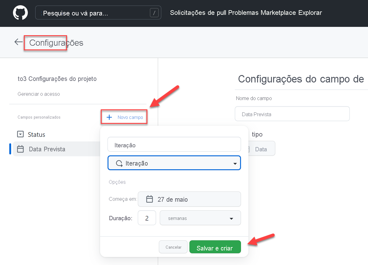 Captura de tela das configurações do GitHub. Criação de iteração.