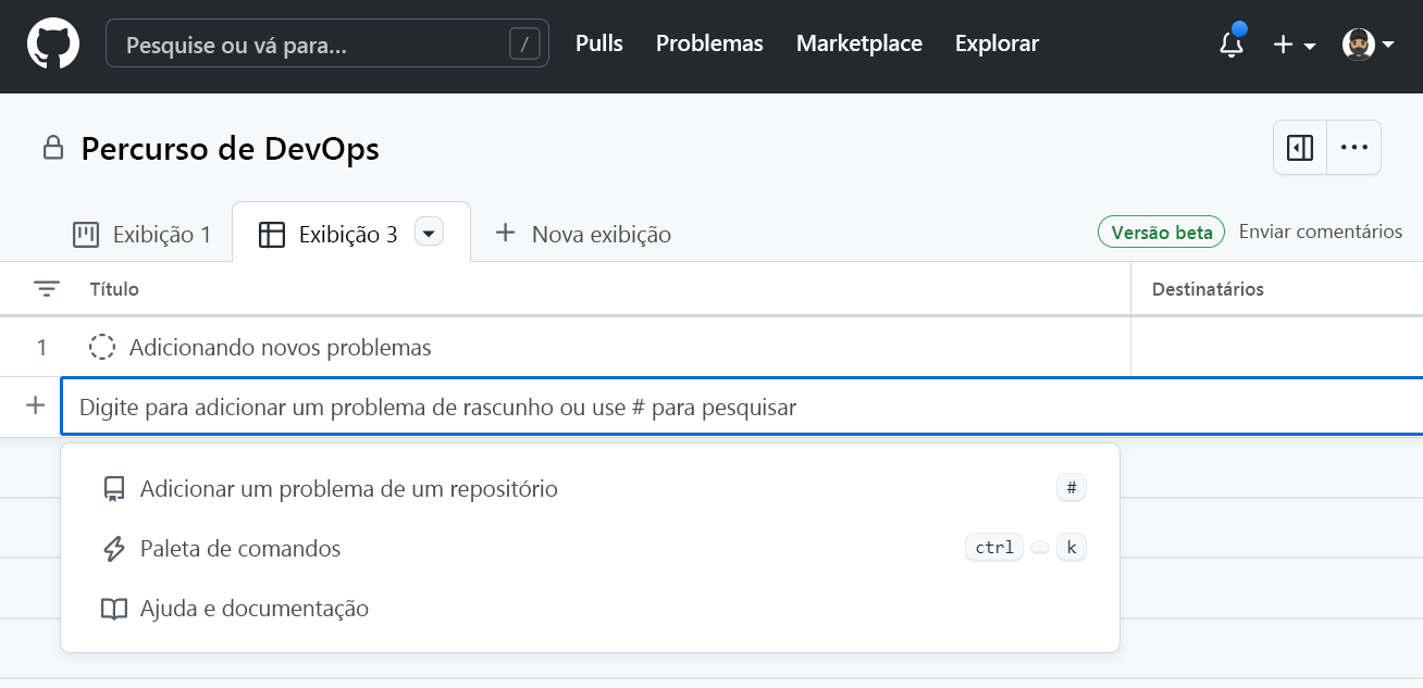 Captura de tela da lista de Projetos do GitHub com tarefas vazias.