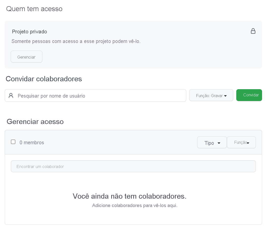 Captura de tela das configurações de Projetos do GitHub, gerenciar acesso.